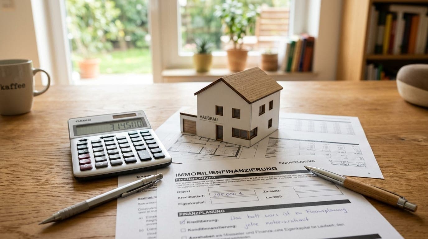 Taschenrechner, Haus-Modell und Unterlagen auf Tisch