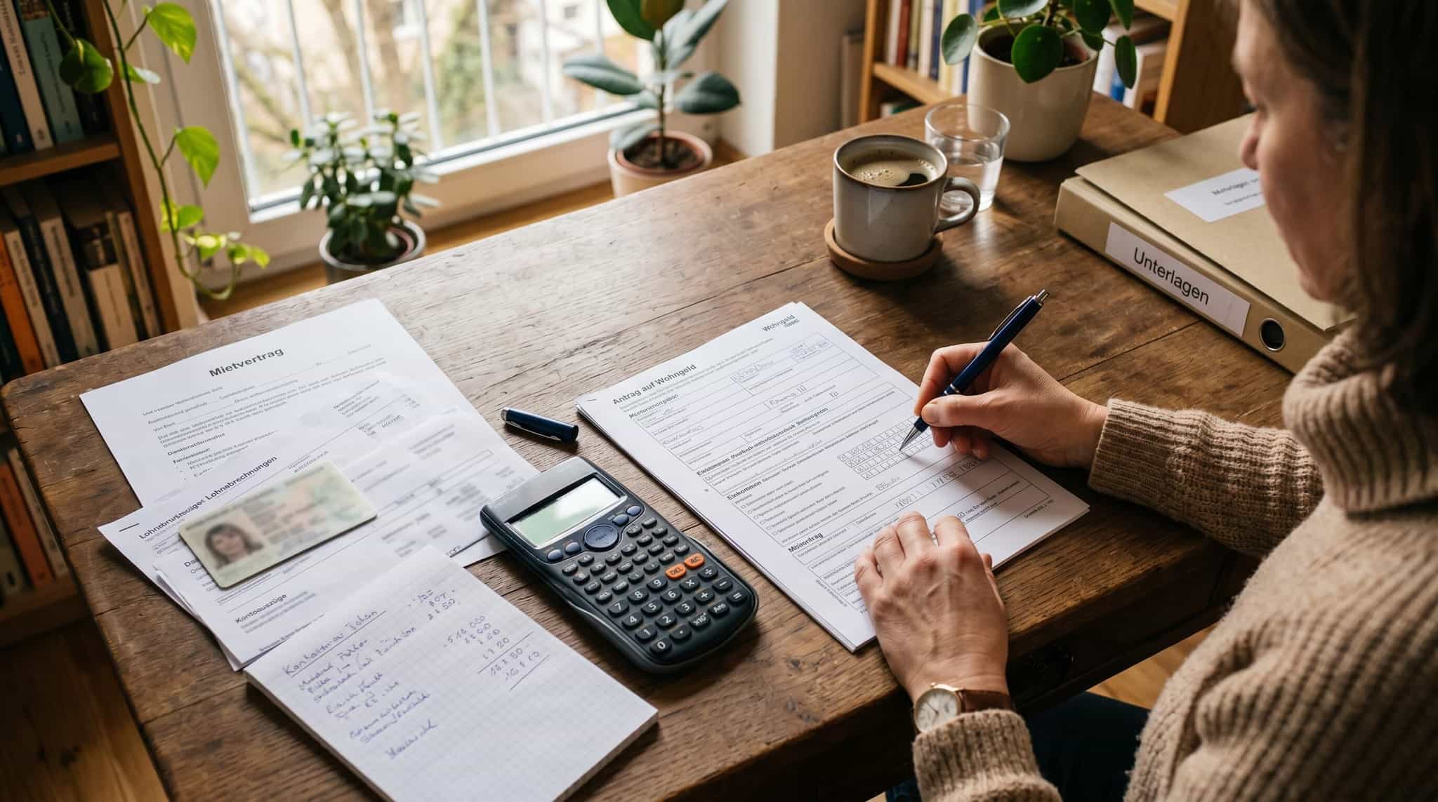 Wohngeld-Antrag wird auf Holzschreibtisch ausgefüllt — Unterlagen, Stift, Taschenrechner und Kaffeetasse