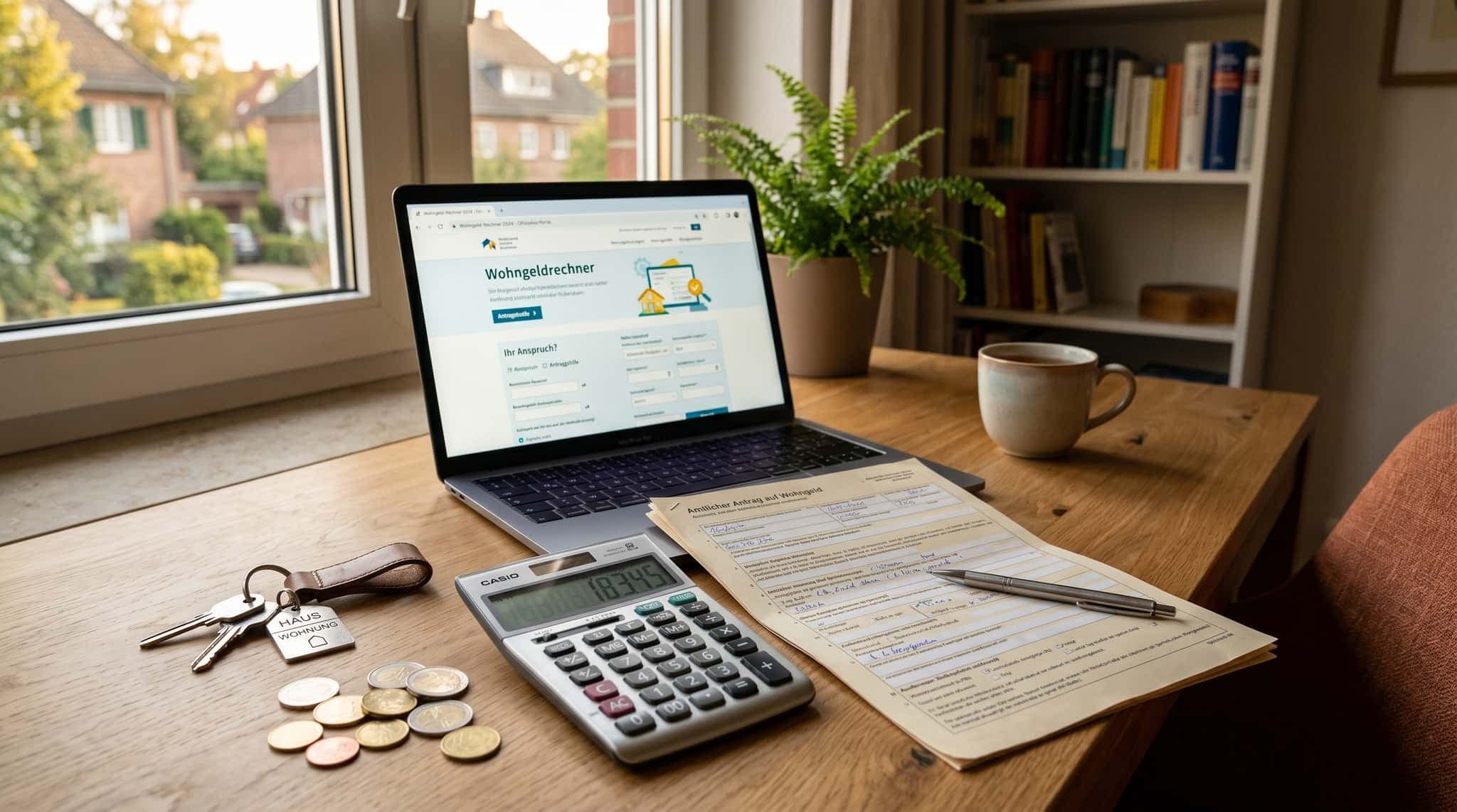 Taschenrechner, Wohngeld-Antragsformular, Hausschlüssel und Euro-Münzen auf Holztisch — Wohngeldrechner 2026