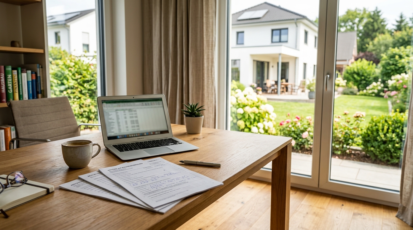 Einfamilienhaus mit Einfahrt, Antragsformulare auf Schreibtisch
